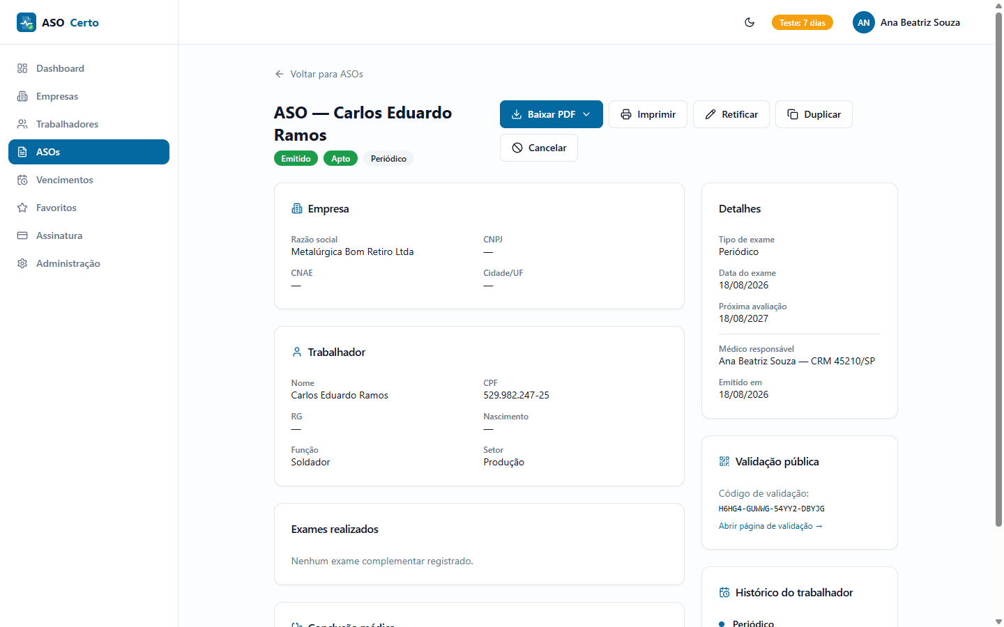 Tela do ASO Certo mostrando um ASO emitido: empresa, trabalhador, conclusão médica Apto e QR Code de validação pública